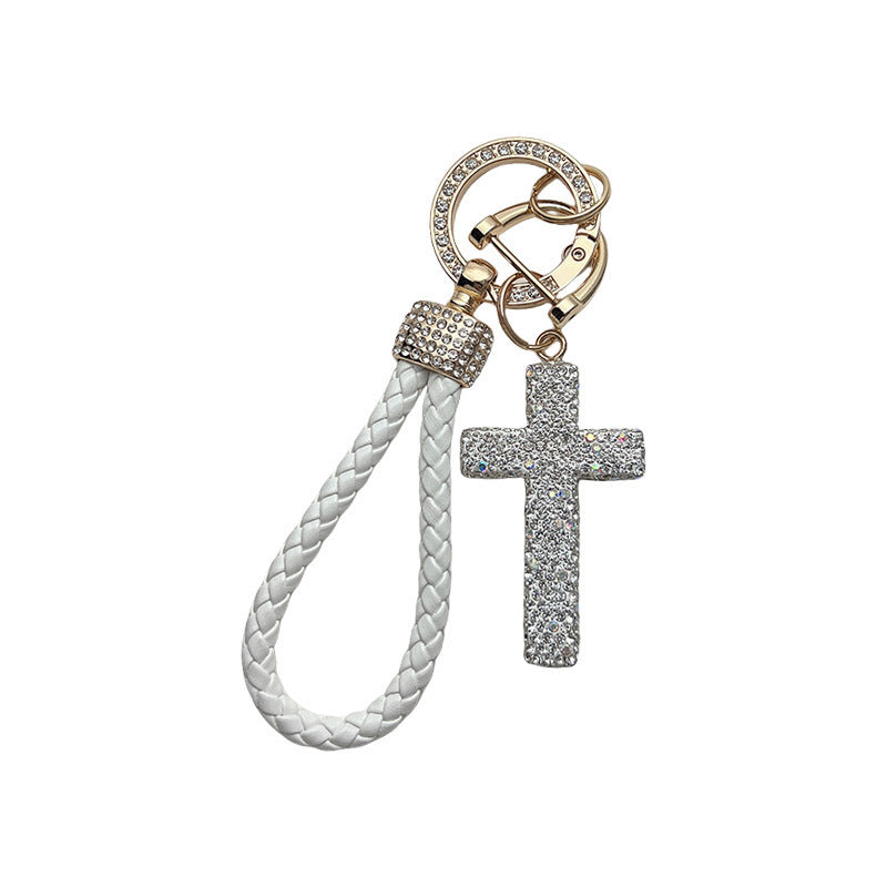 Wholesale Clay Full Diamond Cross with Diamond Hand-woven Rope Car Keychains